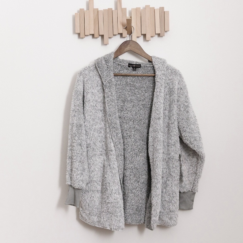 Almost Famous Womens Grey Fuzzy Hooded Open Front Cardigan Sweater Size S